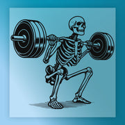 A skeleton lifting a barbell with large weights, demonstrating strength and power.