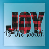 The InkMerge JOY to the World Buffalo Plaid Design features "JOY" in bold red and black plaid letters with "to the world" in script below on a light blue background—ideal for DTF transfer or heat press.