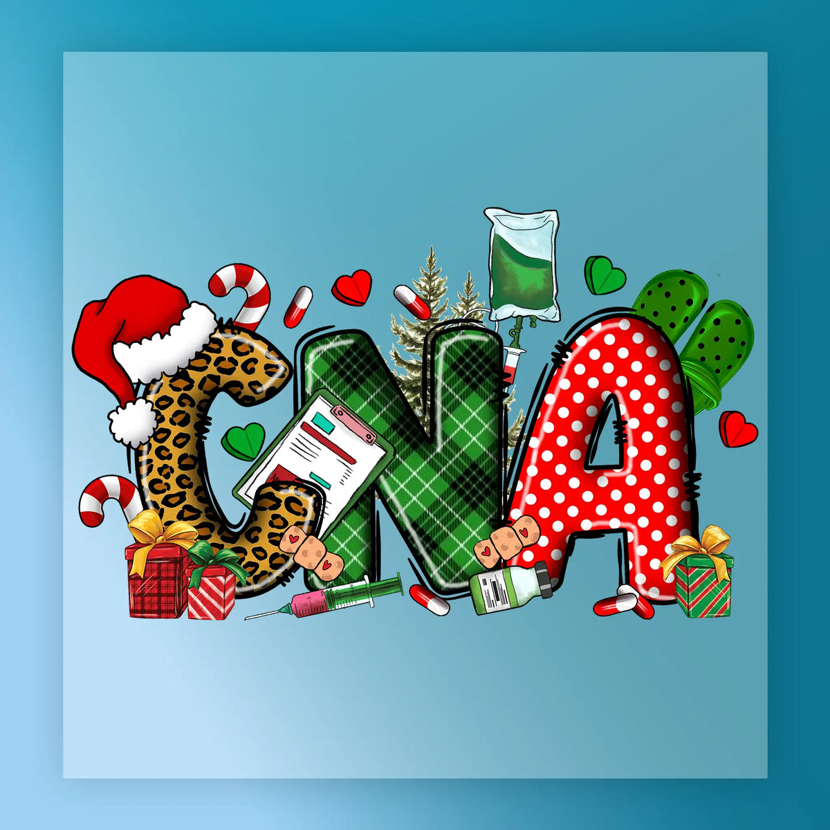 InkMerge CNA Festive Christmas Design features bold CNA letters adorned with Santa hat, candy canes, gifts, medical icons, and hearts on blue—ideal holiday shirt transfer or DTF transfer for celebrating the season!.