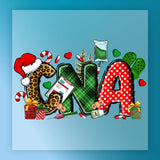 InkMerge CNA Festive Christmas Design features bold CNA letters adorned with Santa hat, candy canes, gifts, medical icons, and hearts on blue—ideal holiday shirt transfer or DTF transfer for celebrating the season!.