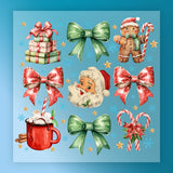InkMerge’s Vintage Christmas Elements features festive bows, presents, Santa face, gingerbread cookie, hot cocoa, candy canes, and gold stars on a blue snowy background—ideal for DTF transfer or heat press projects.