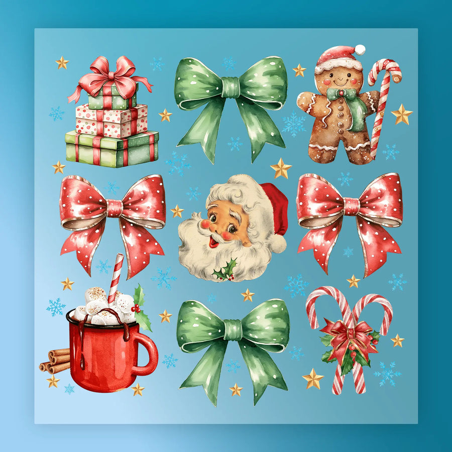 InkMerge’s Vintage Christmas Elements features festive bows, presents, Santa face, gingerbread cookie, hot cocoa, candy canes, and gold stars on a blue snowy background—ideal for DTF transfer or heat press projects.