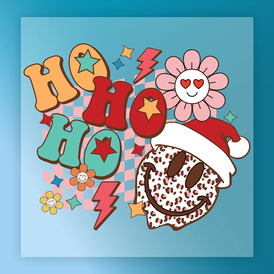 The HO HO HO Festive Design by InkMerge features a smiling chocolate chip cookie in a Santa hat, surrounded by flowers, stars, lightning bolts, and a blue-pink checkerboard—ideal for festive decor or DTF transfers.