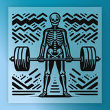 A skeleton lifting a barbell against a blue background with abstract geometric patterns.
