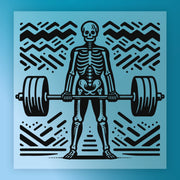 A skeleton lifting a barbell against a blue background with abstract geometric patterns.