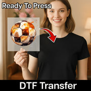A woman holding a piece of paper with a soccer ball printed on it, and there is a red arrow pointing to her chest.