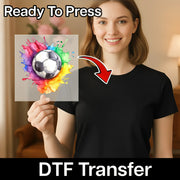 A woman holding a transparent sheet with a colorful soccer ball image on it, and there is text indicating that the image is being digitally transferred.
