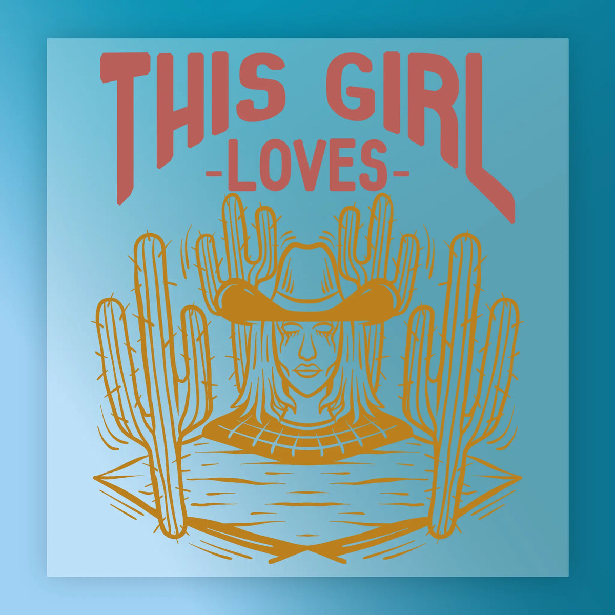 Showcasing InkMerge’s "It’s Fall Y’all Pumpkin Graphic"—an illustration of a woman in a cowboy hat with cacti, plus bold "THIS GIRL LOVES" text; perfect for fall DTF transfers and Halloween shirt designs.