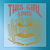 Showcasing InkMerge’s "It’s Fall Y’all Pumpkin Graphic"—an illustration of a woman in a cowboy hat with cacti, plus bold "THIS GIRL LOVES" text; perfect for fall DTF transfers and Halloween shirt designs.