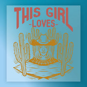 Showcasing InkMerge’s "It’s Fall Y’all Pumpkin Graphic"—an illustration of a woman in a cowboy hat with cacti, plus bold "THIS GIRL LOVES" text; perfect for fall DTF transfers and Halloween shirt designs.