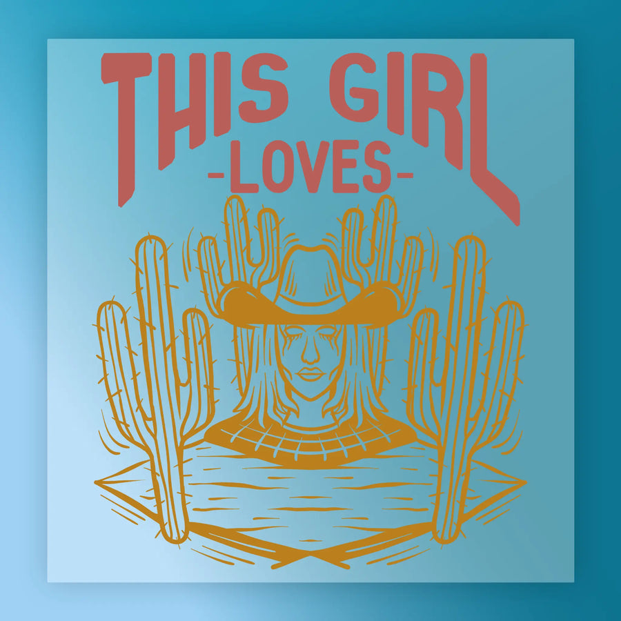 Showcasing InkMerge’s "It’s Fall Y’all Pumpkin Graphic"—an illustration of a woman in a cowboy hat with cacti, plus bold "THIS GIRL LOVES" text; perfect for fall DTF transfers and Halloween shirt designs.