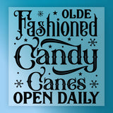 The Olde Fashioned Candy Canes Design by InkMerge features ornate black lettering on a blue background with stars and snowflakes—ideal for DTF transfer or heat press to create festive décor.
