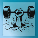 A hand lifting a barbell, with the hand and barbell appearing to be cracked or breaking through the ground, creating a dynamic and powerful visual effect.