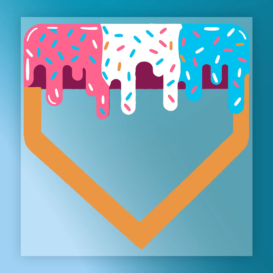 A vibrant illustration of a donut with three colorful toppings: pink, white, and blue sprinkles, drizzled over the top of the donut.