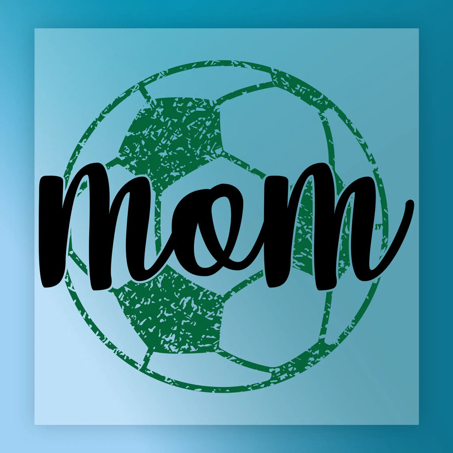 A graphic design featuring a soccer ball with the word "Mom" written in stylized text on it.