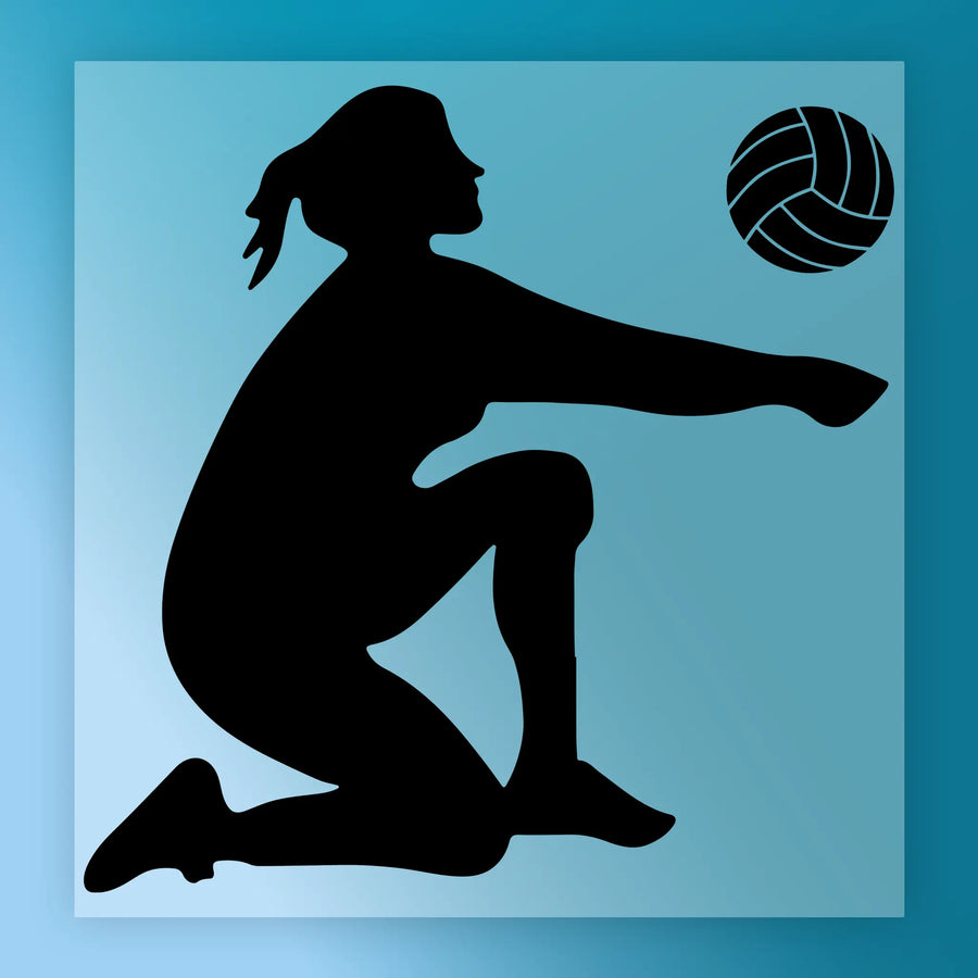 A silhouette of a person playing volleyball, with a volleyball in the air above them.