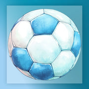A watercolor painting of a soccer ball with blue and white colors.