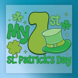 The image is a vibrant and colorful graphic celebrating St. Patrick's Day. It features a large green number 7, a green shamrock, and a green top hat, all set against a blue background. The text "My 1st St. Patrick's Day" is prominently displayed, indicating the theme of the image.
