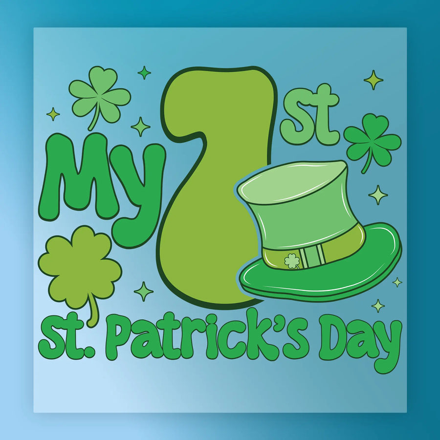 The image is a vibrant and colorful graphic celebrating St. Patrick's Day. It features a large green number 7, a green shamrock, and a green top hat, all set against a blue background. The text "My 1st St. Patrick's Day" is prominently displayed, indicating the theme of the image.