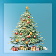 Celebrate the holiday season with InkMerge’s Classic Christmas Tree Design - Heat Press Ready, featuring a gold star topper, red and gold ornaments, and presents on a light blue background. Perfect for custom apparel DTF transfers.