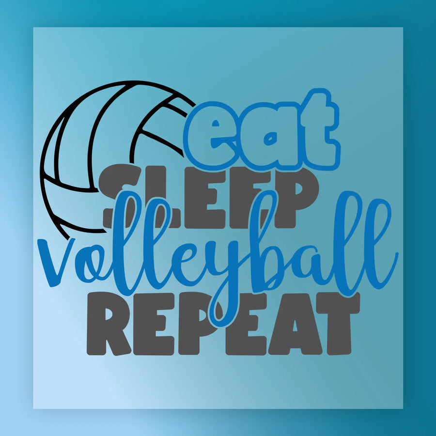 a graphic with the text "eat sleep volleyball repeat" in a stylized font, accompanied by a volleyball graphic.