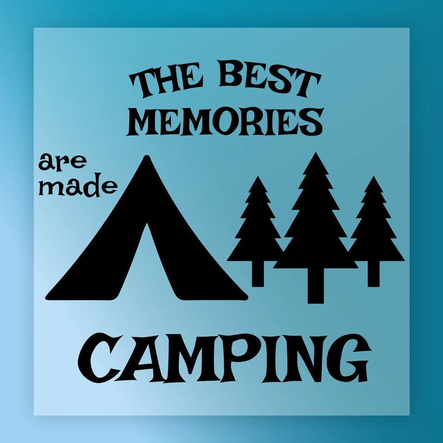 InkMerge's "The Best Memories Are Made Camping" features a black tent and three pine trees on light blue—ideal as a premium DTF film or heat press transfer for your next camping trip.