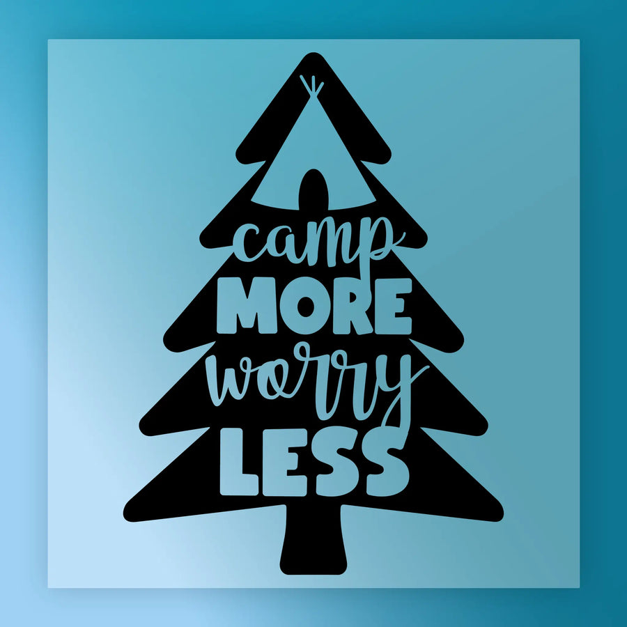 The InkMerge Camp More Worry Less Pine Tree Tent design features a pine tree silhouette with "camp MORE worry LESS," plus a tent and camper. Light blue background. Ideal for camping shirt transfers using DTF or heat press.
