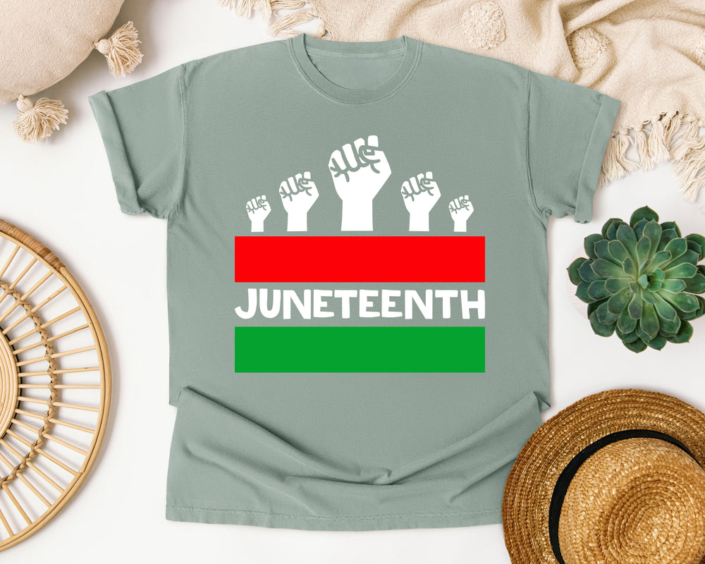 Juneteenth Raised Fists Flag graphic tee in Bay Comfort Colors 1717