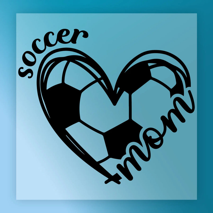 A heart-shaped graphic with a soccer ball inside, accompanied by the text "Soccer mom" written in a stylized font.