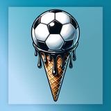 A cone of ice cream with a soccer ball melting out of it, set against a blue background.