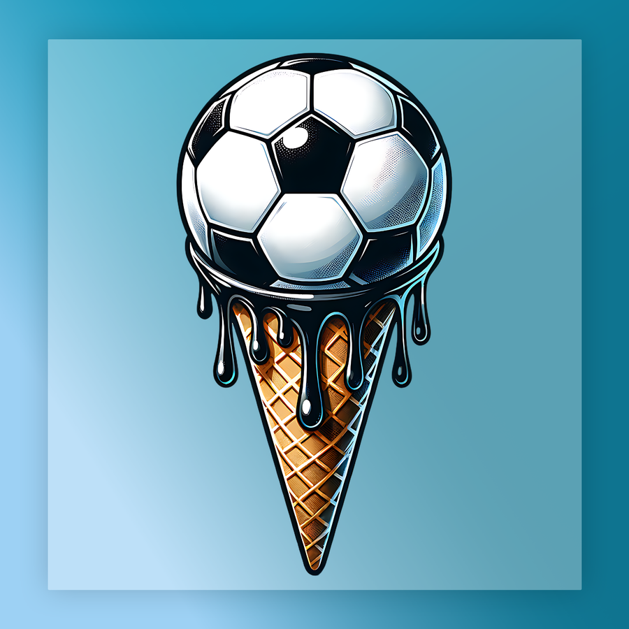 A cone of ice cream with a soccer ball melting out of it, set against a blue background.