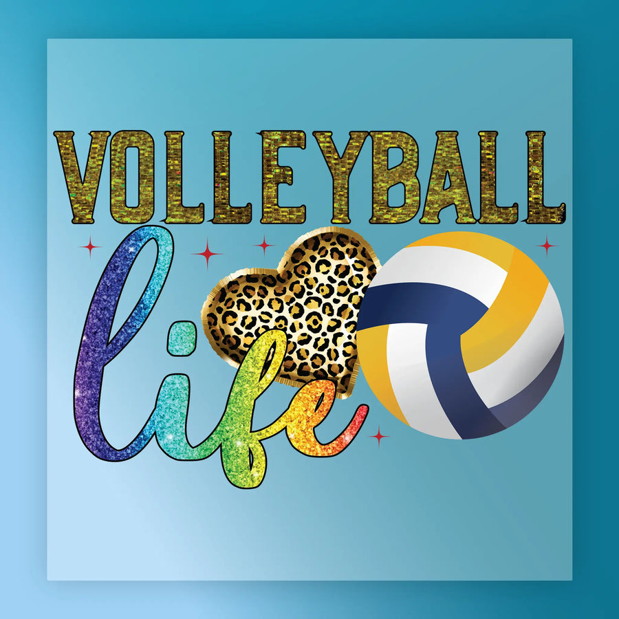 a vibrant and playful volleyball-themed graphic design. The text "VOLLEYBALL life" is prominently displayed, with a leopard print heart shape and a volleyball in the background. The overall design is colorful and eye-catching, conveying a sense of fun and enthusiasm for the sport of volleyball.
