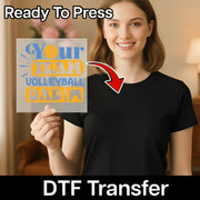 A smiling woman holding a sign with the text "Your Team Volleyball Dad" on it, with a red arrow pointing to her chest.