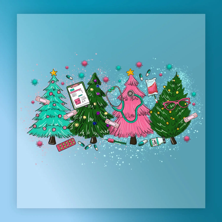 InkMerge's Medical Christmas Trees DTF Transfer features an 8-pass design with four decorated trees topped with stars and medical ornaments on blue, is ready to press, gang sheet compatible, and durable for 75 washes.