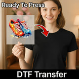 A woman holding a transparent sheet with a colorful illustration of a pair of shoes on it, with a red arrow pointing to the shoes.