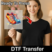 A woman holding a transparent sheet with a colorful illustration of a pair of shoes on it, with a red arrow pointing to the shoes.