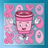 A cartoon cup character with arms and legs, wearing white shoes, is surrounded by pink and purple shapes resembling hearts and flowers.