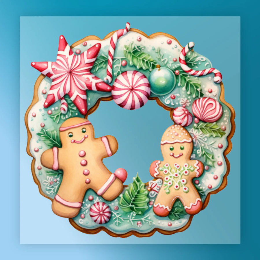 The InkMerge Gingerbread Candy Cane Wreath shines with gingerbread figures, candy canes, ornaments, and green icing—perfect inspiration for a festive DTF transfer or heat press design.