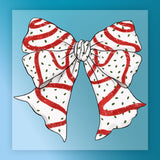 The InkMerge Festive Bow Christmas Design features a large white bow with red wavy stripes and green dots, centered on a blue gradient background—ideal for DTF transfers and custom holiday apparel.