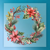 The InkMerge Watercolor Christmas Wreath Design features red poinsettias, holly leaves, pine needles, and berries on a blue background—perfect for DTF transfer or heat press holiday projects.