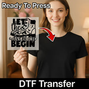 A smiling woman in a black shirt holds the InkMerge Let The Adventure Begin Hiking Design - Heat Press Ready transfer. A red arrow points to her shirt, while “Ready To Press” and “DTF Transfer” are displayed above and below.