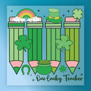 The image is a colorful illustration featuring a rainbow, a pot of gold coins, pencils, a pot of gold coins, and a clover, all set against a blue background.