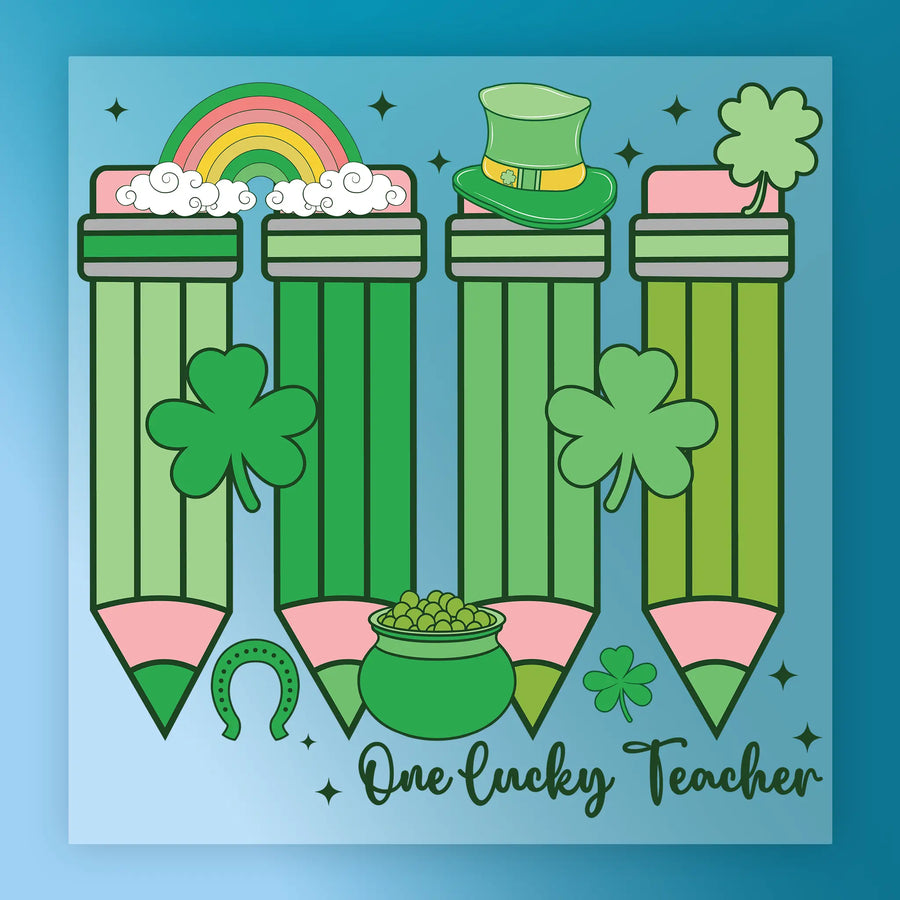 The image is a colorful illustration featuring a rainbow, a pot of gold coins, pencils, a pot of gold coins, and a clover, all set against a blue background.