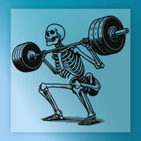A skeleton lifting a barbell with weights, depicted in a stylized illustration.