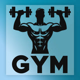 a muscular man lifting weights, with the word "GYM" prominently displayed below the illustration.