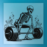 A skeleton lifting a barbell with flames emanating from it, creating a dramatic and intense scene.