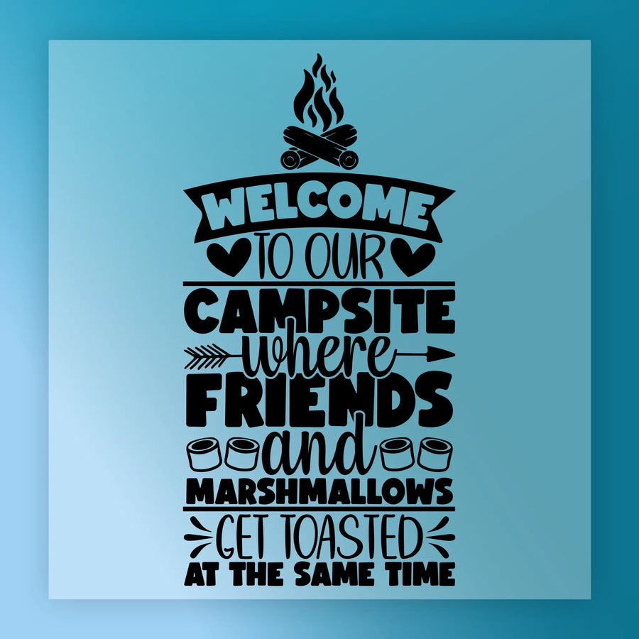 The InkMerge "Welcome to Our Campsite Quote" features black text on blue with hearts, campfire, and marshmallow icons—ideal for custom apparel or screen printing.