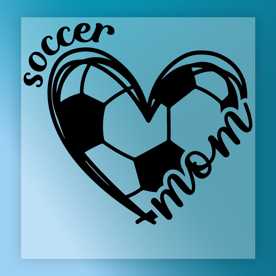 A heart-shaped graphic with a soccer ball inside, accompanied by the text "SOCCER mom" written in a stylized font.
