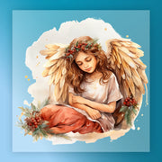 InkMerge’s Angelic Christmas Art features a serene young angel with brown hair, floral wreath, and feathered wings amidst festive greenery—an ideal DTF transfer for premium DTF film projects.