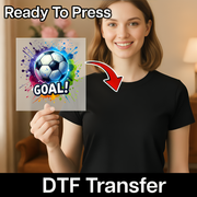 A woman holding a sign with a soccer ball and the word "GOAL!" written on it, with a red arrow pointing to her chest.